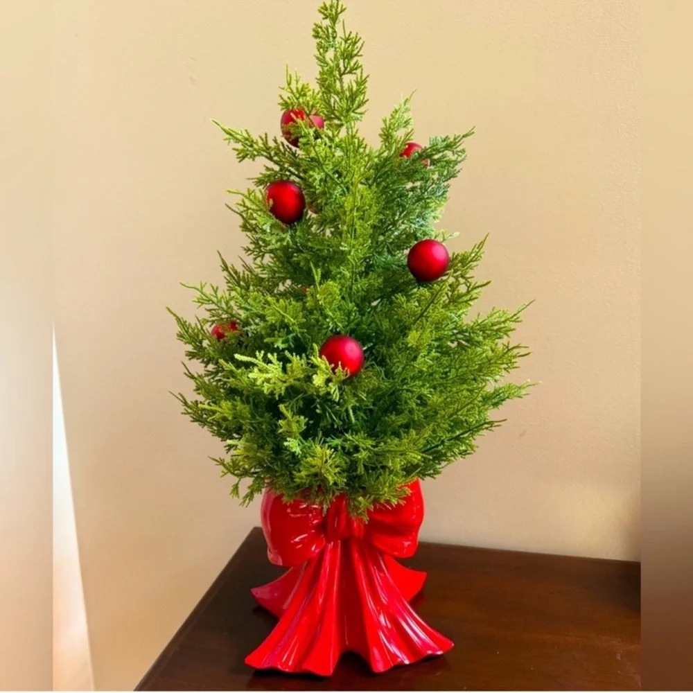 Artificial Cedar Tree w/ Red Vase Shaped Like A Bow & Ornaments, Ready to Ship